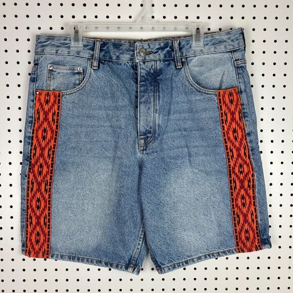 Asos Y2K Denim Blue Jean Jorts Shorts Size 36 Western Aztec Orange Button‎ Fly - Picture 1 of 9